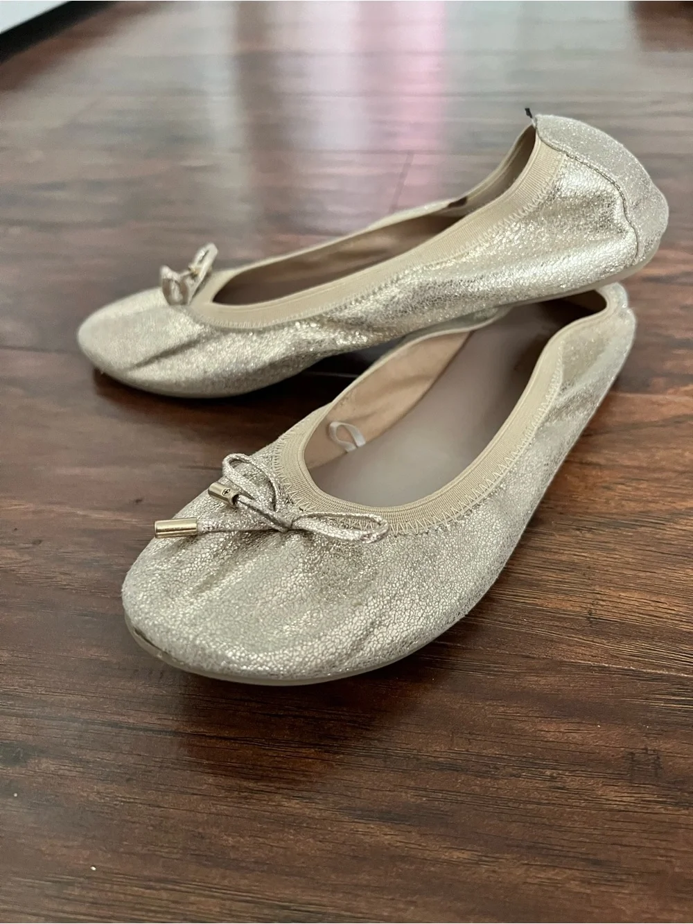 Girls Metallic Champagne Ballet Flats with Bow